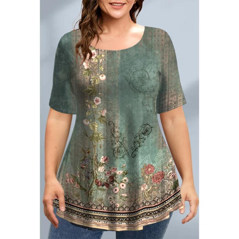 Футболка большого размера свободного кроя женская летняя с коротким рукавом и круглым вырезом с цветочным принтом 3D Топ свободного покроя женская одежда футболки женские