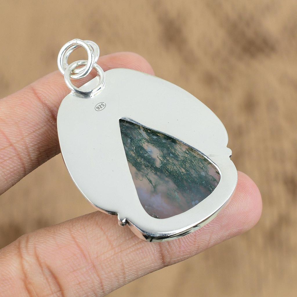 Wedding Gift For Her 925 Silver Natural Solar Moss Agate Gemstone Pendant