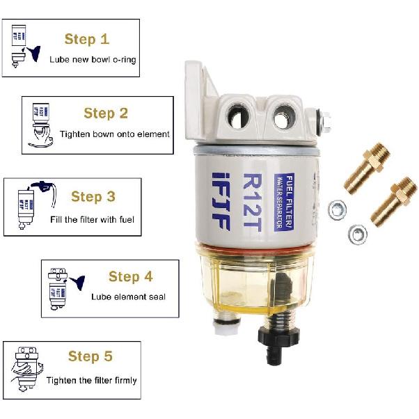 IFJF R12T Fuel Water Separator Marine 120AT NPT ZG1/4-19 Automotive Parts With Fitting -Complete Combo Filter Diesel Engine(Includes 2 Fittings,2