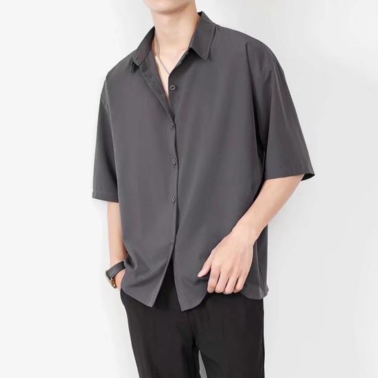 Spring Summer Men Shirt Turn-down Collar Single-breasted Half Sleeves Ice Silk Buttons Loose Casual Wear School Dating Mid Length Top