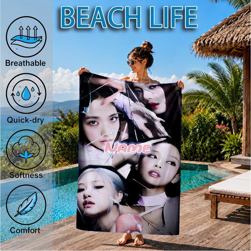 Custom Name Floral Fashion Kpop BP Beach Towel Microfiber Beach Towel, Lightweight and Quick-Dry, for Summer Travel, Swimming Pool Gift