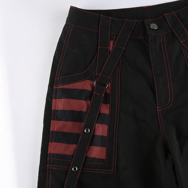 Women's Early Spring New Loose Colour Collision Striped Mesh Splicing Dark Chain Strap Woven Trousers
