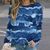 European American Women's Classic Blue Printed Round Neck Sweatshirt Casual and Fashionable Raglan Top T-shirt