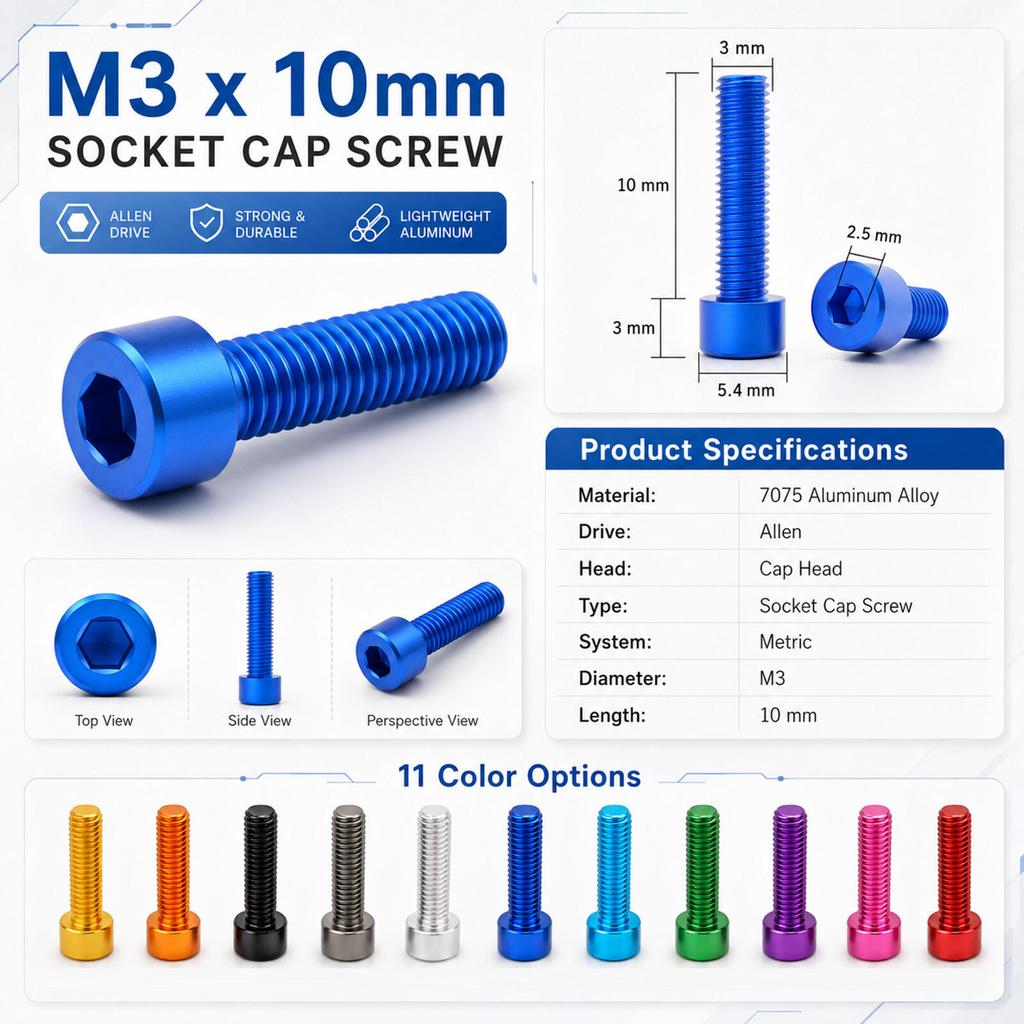 5Pcs M3 x 10mm Allen Socket Cap Screws, 7075 Alloy Hex Drive Bolts for Electronics, Bicycles and DIY,Vibrant Colors