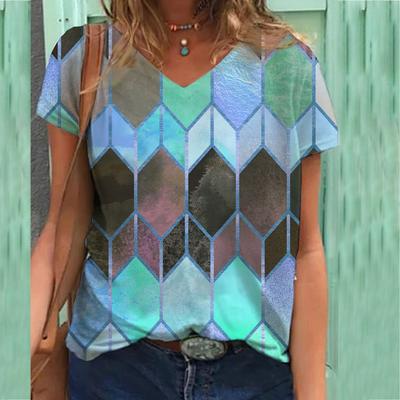 Футболка больших размеров, винтажные футболки с 3D-принтом, женские топы с V-образным вырезом и коротким рукавом, повседневные футболки