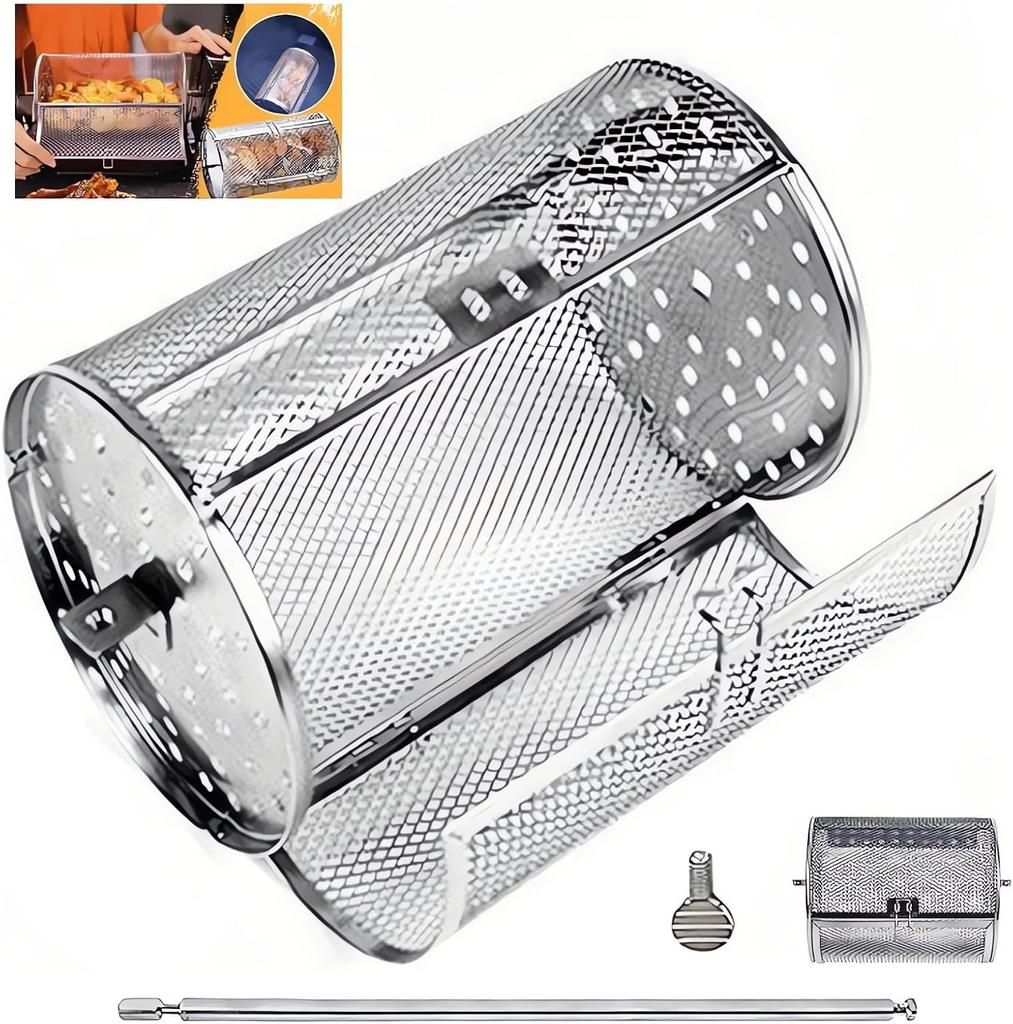 Stainless Steel Rotating Chicken Wing Basket with Automatic Rewind 360° Rotating BBQ Basket Outdoor BBQ Basket Set Gift