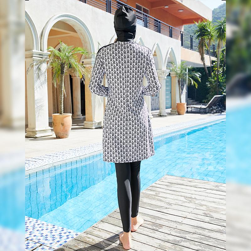 Женский мусульманский купальный костюм с кепкой и принтом Купальник Пляжная одежда Купальники 3 шт. Всего тела с длинными рукавами Исламская одежда Буркини Цельный купальник