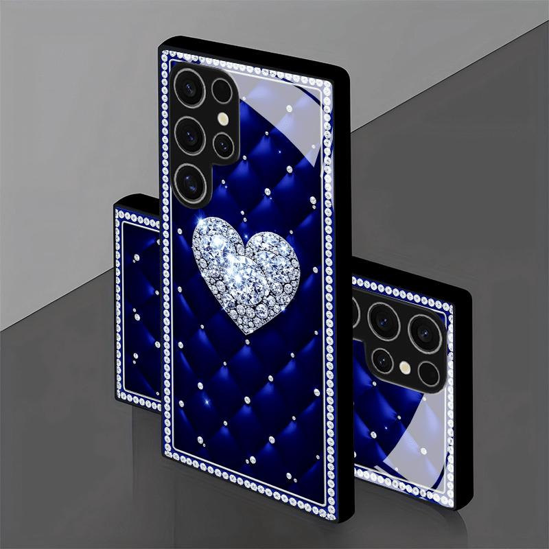 Blue Quilted Diamond Heart Glass phone case mobile phones fashion phone cases for Samsung Galaxy S26 S25 S24 S23 FE Ultra Plus