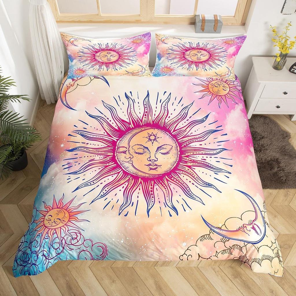 Sun and Moon Duvet Cover Twin Stars Galaxy Constellation Bedding Set Pink Pastel Tie Dye Comforter Cover For Kids Girls Women,Cute Aesthetic