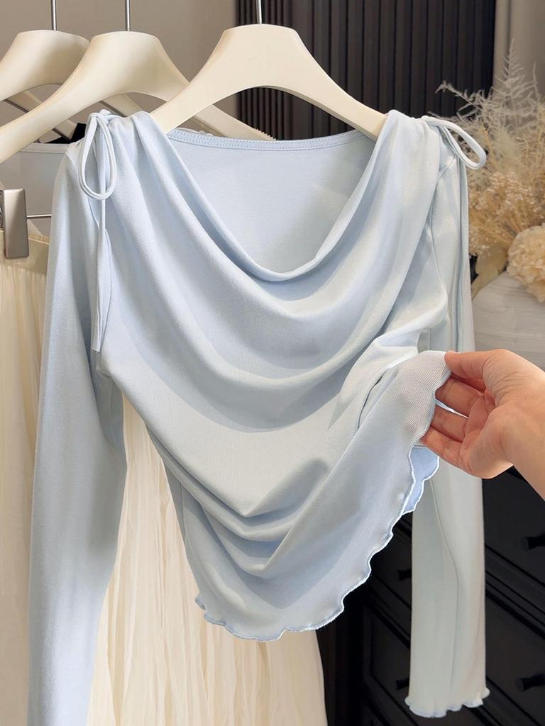 Элегантная женская футболка в корейском стиле с акцентом на талию, длинным рукавом и струящимся воротником - Приталенная, весенняя новинка