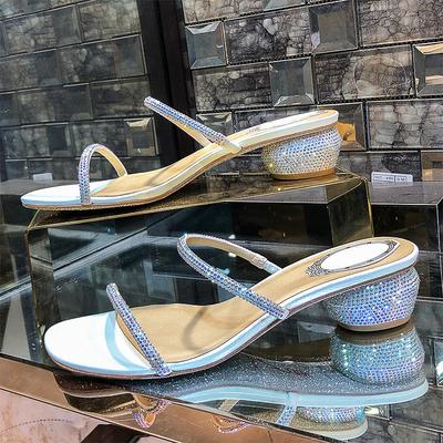 Босоножки на круглом каблуке 2025 Лето Женские Новые Стразы Одно слово с фееричным стилем Каблук-яйцо Сандалии