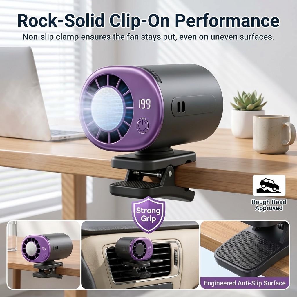 Personal Portable Clip-On Car Fan With 360° Rotation 199 Speeds Adjustable USB Rechargeable LED Display Mini Cooling Fan for Office Car Outdoor