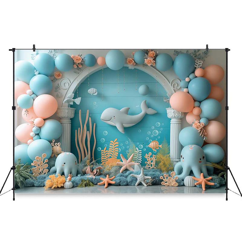 Mocsicka Whale Photography Backdrop Underwater Octopus Starfish Balloons Decors Backgrounds Baby Birthday Photo Studio Wallpaper