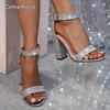 Празднуйте 2025 Новые Блестящие Банкетные Сандалии на Толстом Высоком Каблуке Ремешок с Пряжкой Каблуки Блеск Обувь свадебные туфли невеста шлепанцы
