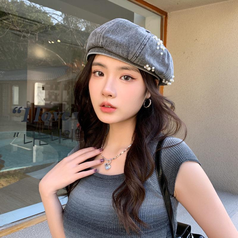 Весенне-осенняя шляпа женская маленькая ароматная ветровая жемчужина декоративный джинсовый берет высокая чувственность универсальная шляпа художника прилив