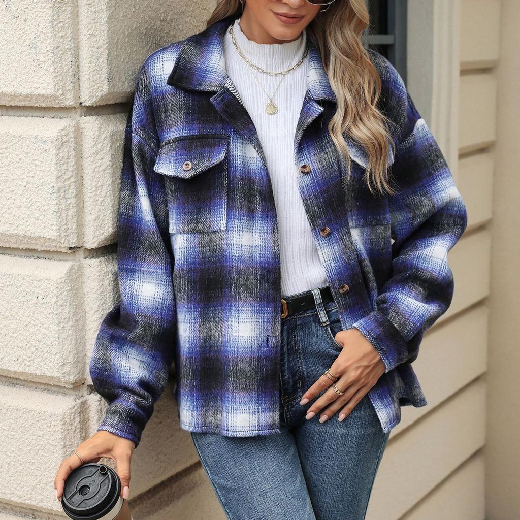Женская свободная повседневная клетчатая шерстяная куртка с длинными рукавами и лацканами, модная куртка