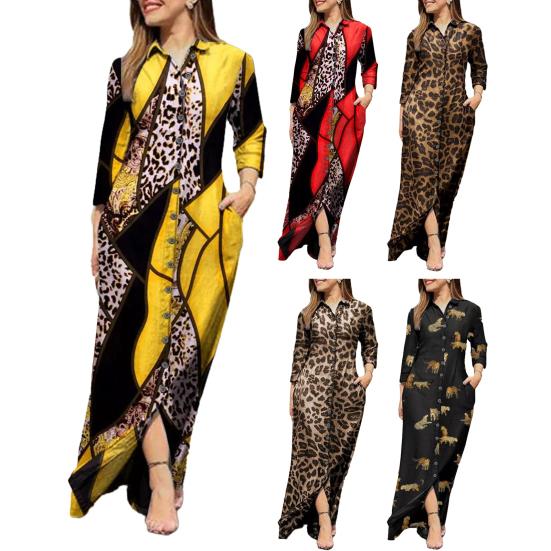 Lady Dress Dress Lapel Long Sleeve Pocket Plus Size Single Breasted Maxi Dress Sexy Leopard Geometric Patchwork Print Dress