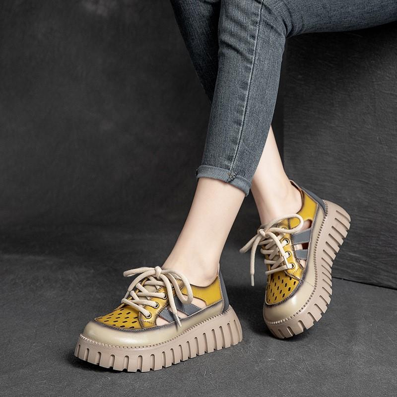 Johnature Сандалии из натуральной кожи разных цветов на толстой подошве в стиле ретро, ​​женские туфли на плоской платформе в римском стиле на шнуровке