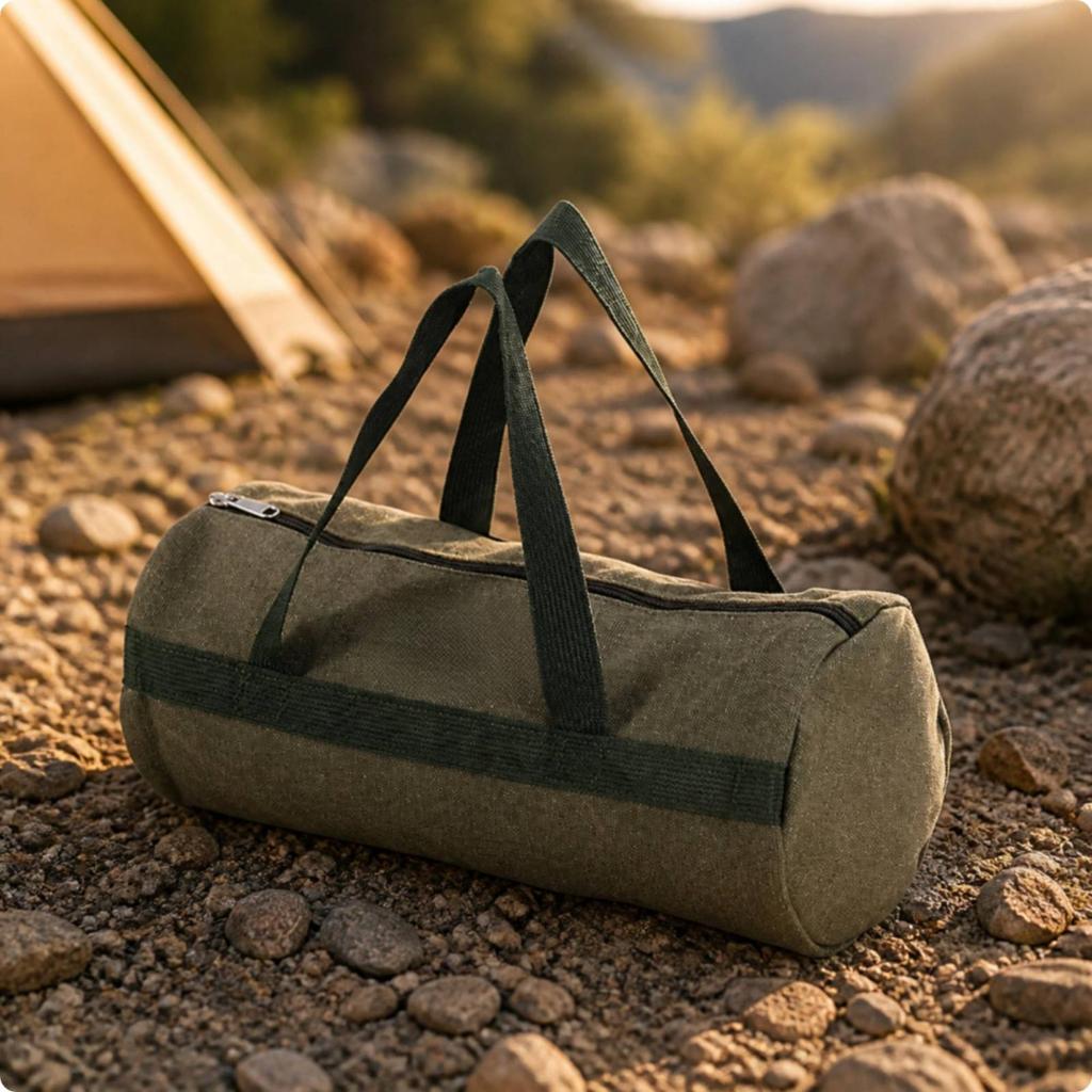 Cylindrical Canvas Tool Bag Zippered Camping Gear Pouch Lightweight