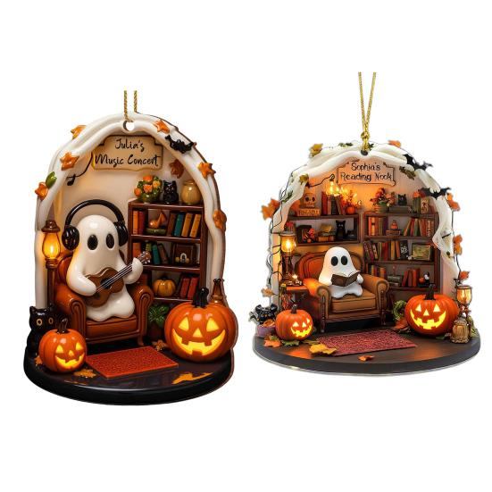 Halloween Ghost Ornament Acrylic Ghost-Themed Reading Cooking Painting Ornament Tree Hanging Decoration for Indoor Home Decor