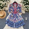 Summer Women Elegant Flare Sleeve Designer Print Runway Dresses V-neck Single Breasted Mini Short Party Dress