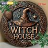 1pc 2D Vintage Witch House Metal Sign Circular Iron Wall Decor with Star Witch Hat Broom Design Halloween Decor for Home Garage
