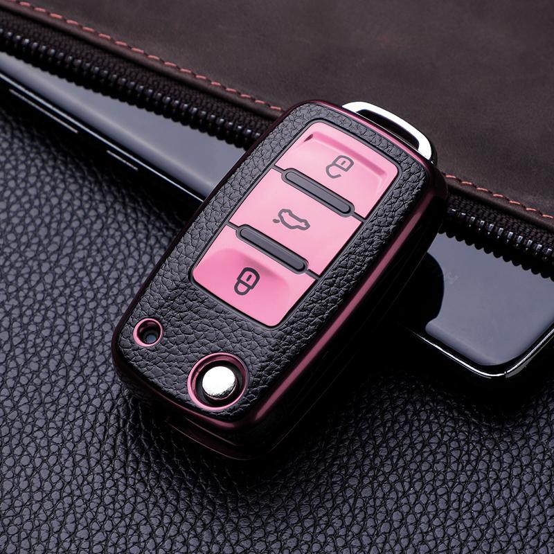For Skoda Octavia For Volkswagen VW Bora Polo Tiguan Jetta Passat B5 B6 B7 Golf Beetle 3 Buttons TPU Leather Car Key Case Cover Ptorector