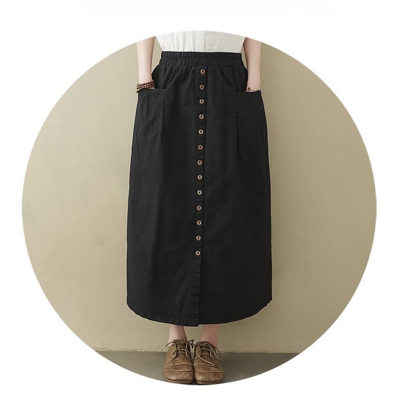 Plus Size Spring Summer Women Midi A-Line Skirt High Waist Black Khaki Coffee Buttons Skirt With Pockets Cotton Linen Simple Skirt