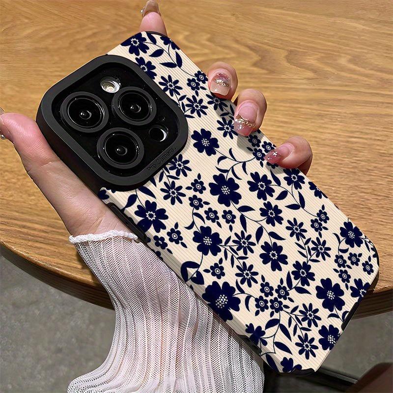 Темно-синий чехол для телефона с ретро-цветочным принтом, подходит для iPhone 17 16 15 14 13 12 11 Pro/Max/Plus, противоударная задняя крышка