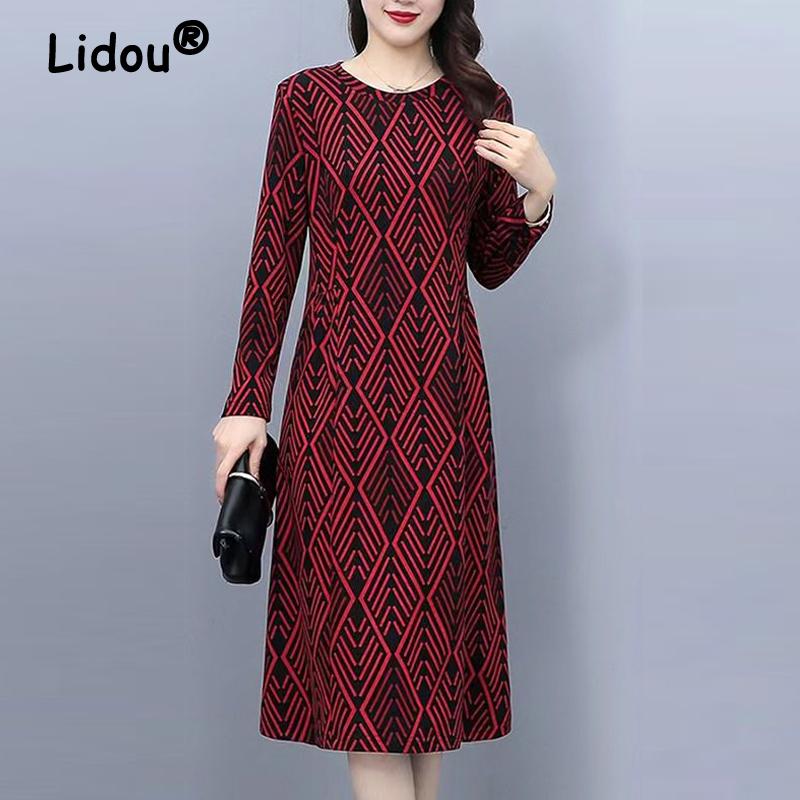 Vintage Fashion Geometric Printed Long Sleeve Dresses for Women Spring Autumn Ladies Round Neck Slim Midi Dress Elegante Vestido