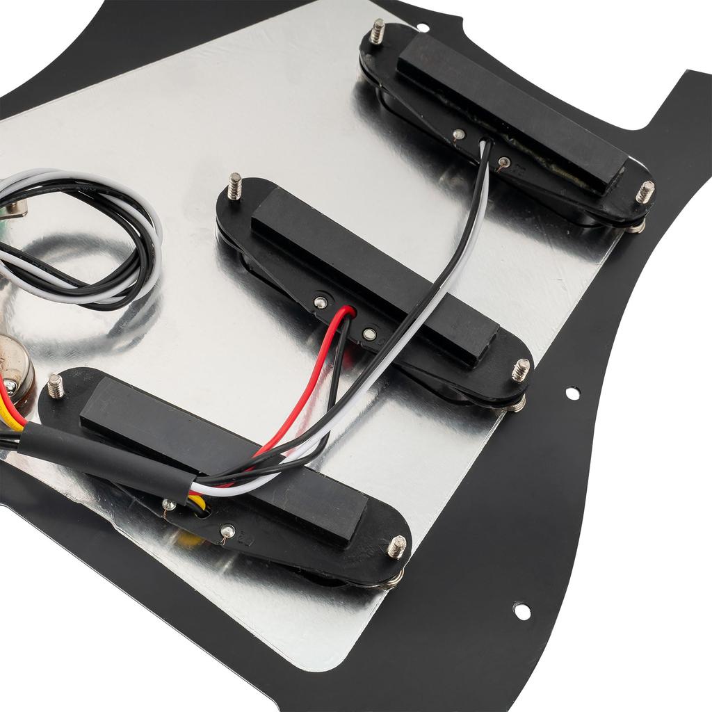 Musiclily Basic pickguard with SSS pickup set for Fender Stratocaster electric black 11-hole ST-wired single-coil guitar, 3-ply.