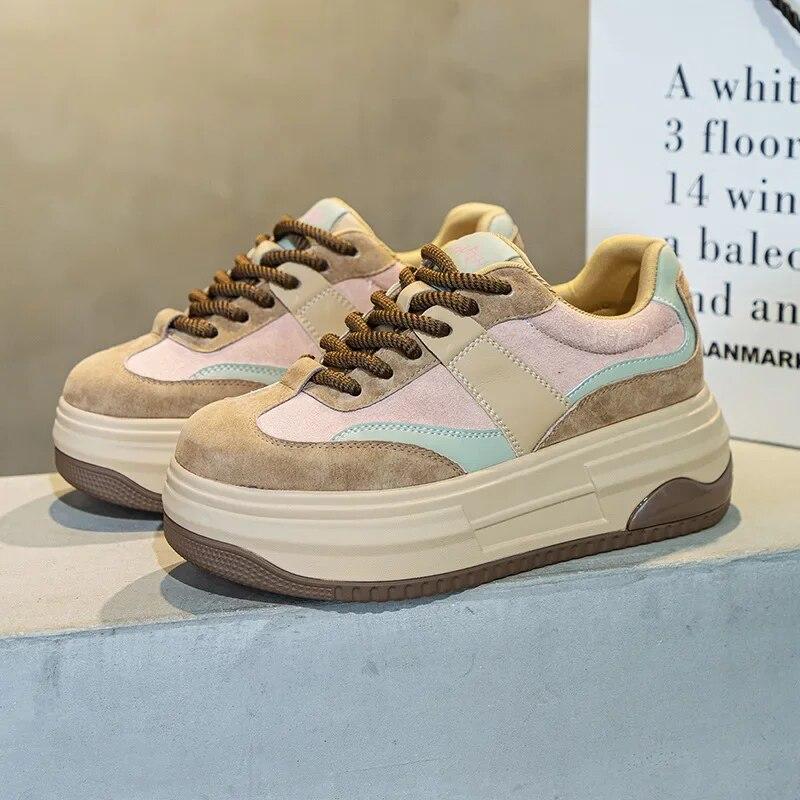 Fujin 7 см из синтетической натуральной кожи, женские повседневные модные кроссовки на танкетке на платформе, весенне-осенние вулканизированные туфли с контурным рисунком