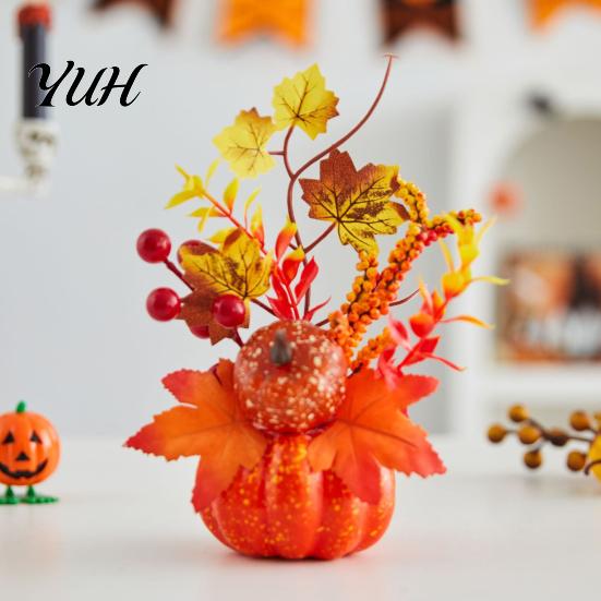Reusable Festival Table Topper Fall Artificial Pumpkin Centerpiece, Autumn Fake Decoration with Sunflowers, Realistic Thanksgiving Props Maple Leaves