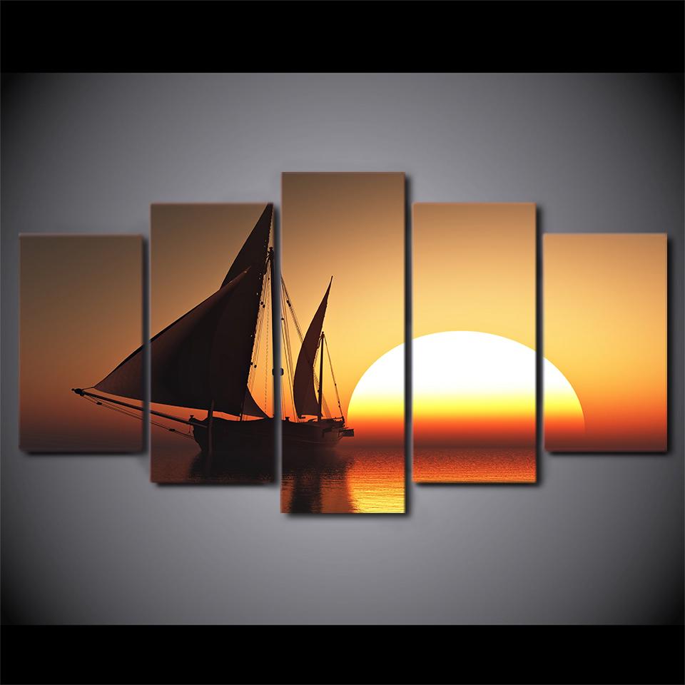 Wall Art Canvas Painting Modular Pictures Modern HD Printed 5 Piece Sun Sea Ship Scenery Home Decor Living Room Decor