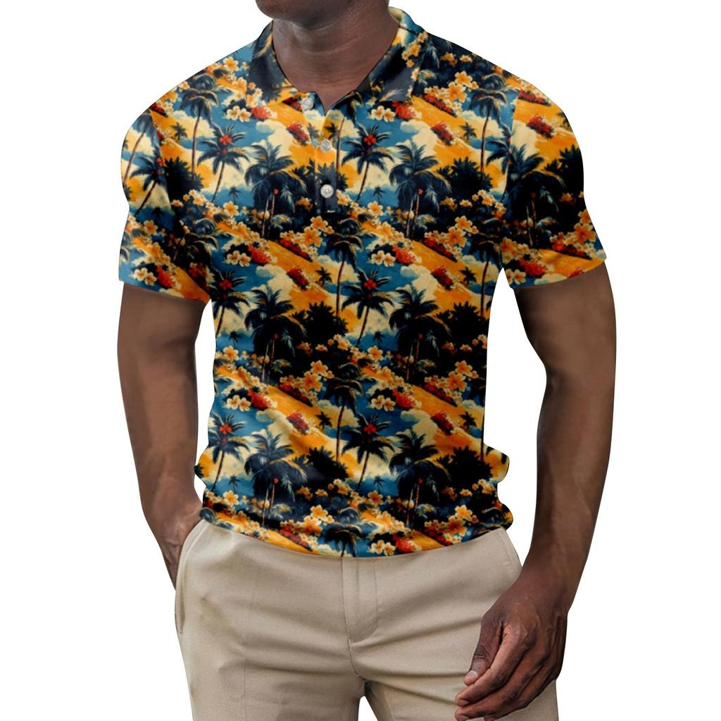 Men's Summer Hawaii Printed Golf Shirt Botton Short Sleeve Top Men's Casual Fashion Shirt
