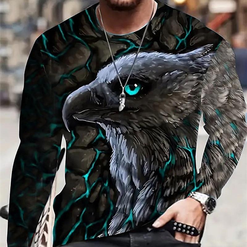 2025 Bully Eagle Printed Long Sleeve Tops Animal Men's Tops Casual Free Round Neck Long Sleeve Tops Peplum Long Sleeve Clothing