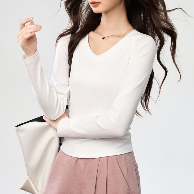 Womens Slim Fit V-Neck Long Sleeve T-Shirt With Shoulder Seam Ruched Waist Soft Combed Cotton Blend