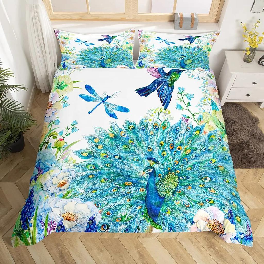Peacock Duvet Cover Set Elegant Gorgeous Blue Feather Comforter Cover Girls Women Pink Flower Birds Animal Polyester Qulit Cover