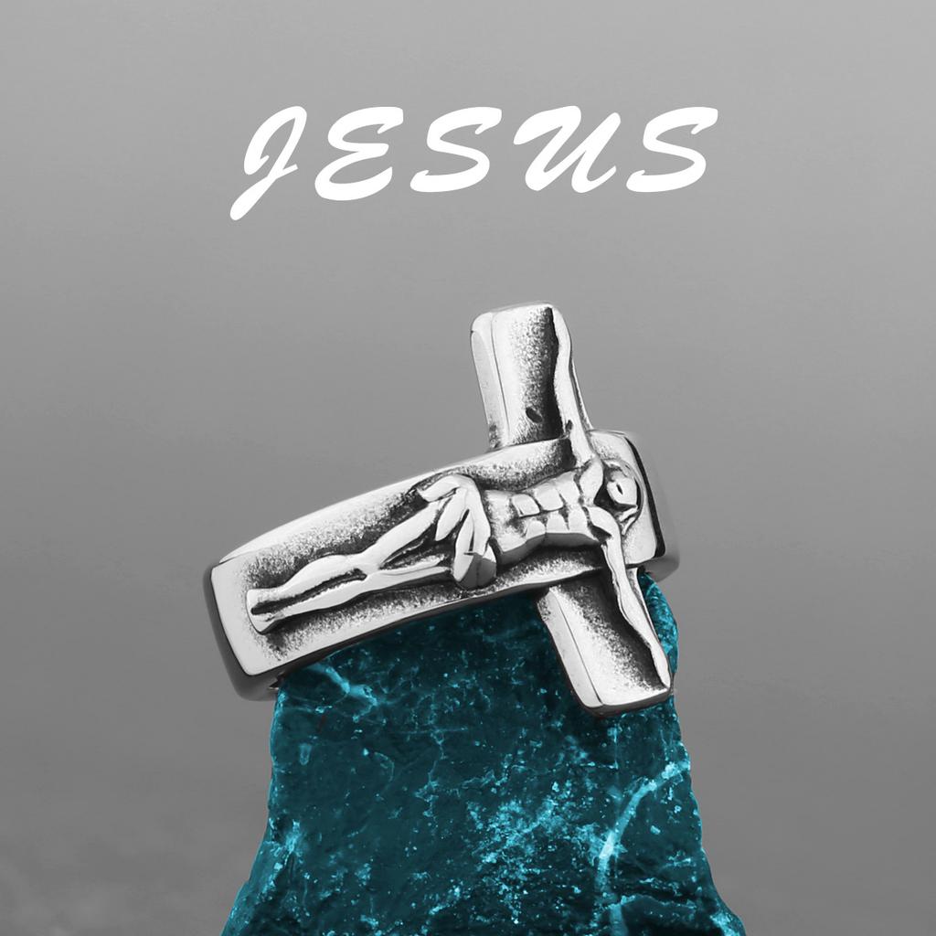 Retro Cross Jesus Stainless Steel Ring for Men & Women Antique Gothic Metal Ring Zircon Christian Accessories Blessing Gift