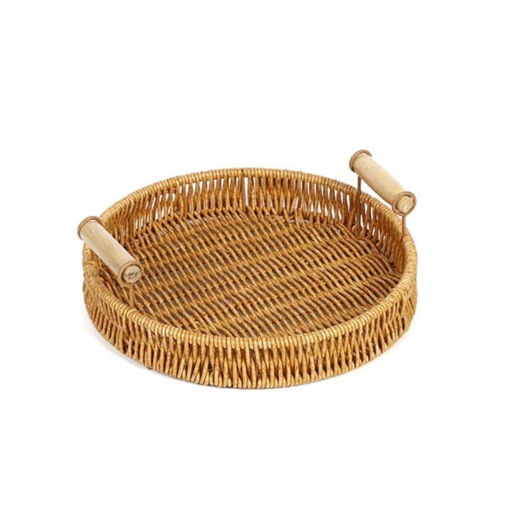 New Handwoven Rattan Basket With Handle Round Shape Storage Tray Breakfast Bread Food Plastic Rattan Threads Basket