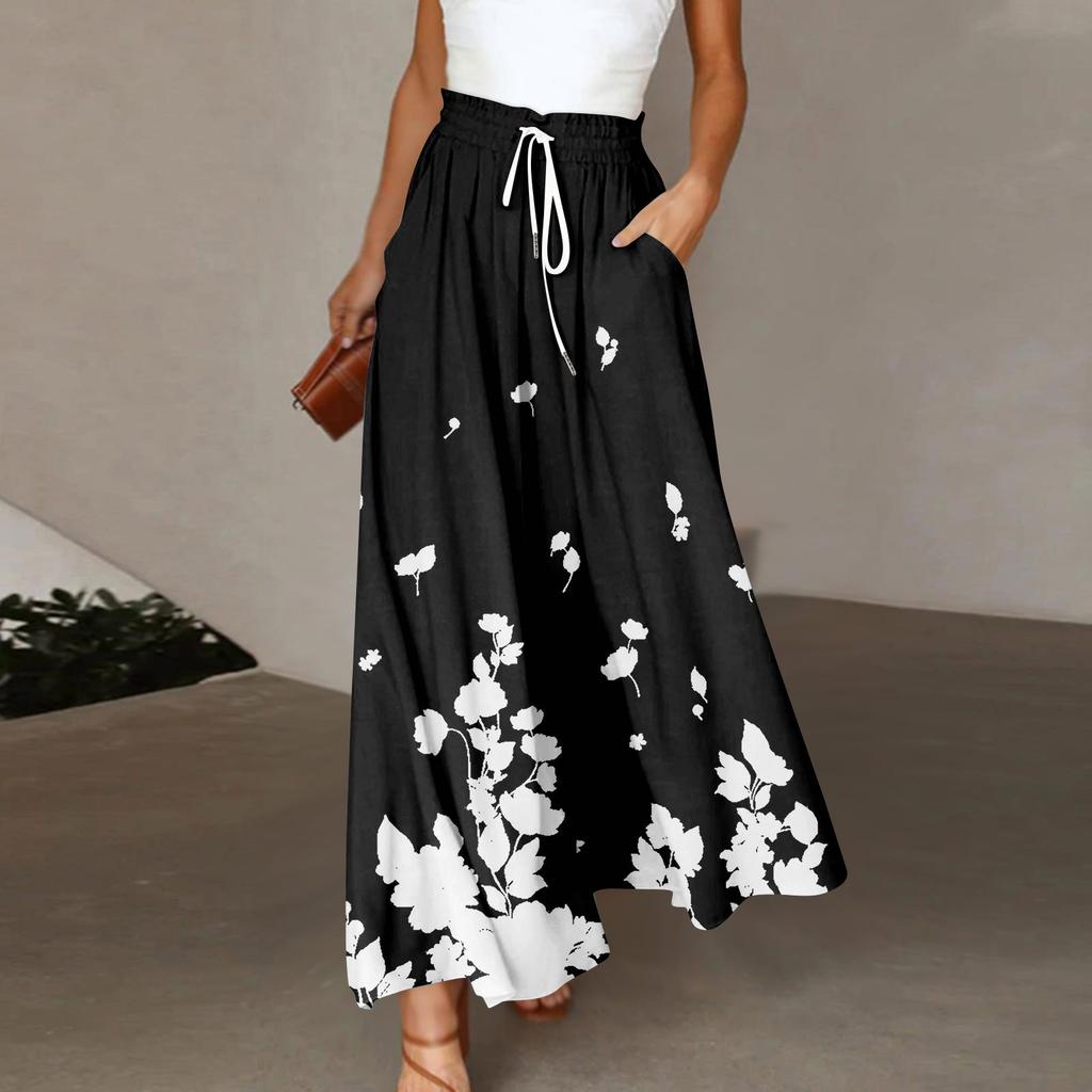 Женские брюки в стиле бохо с эластичным принтом и высокой талией, повседневные широкие брюки, длинные брюки с карманом