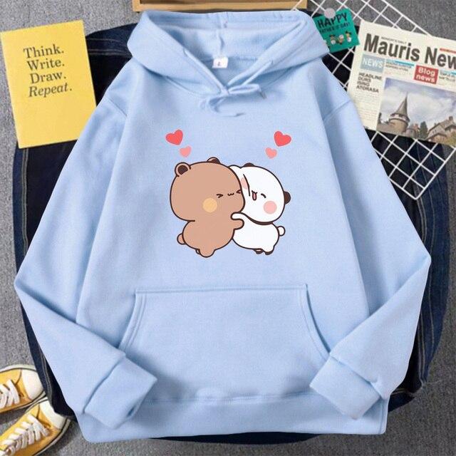 Кавайная толстовка с капюшоном, медведем, пандой, мультяшным принтом Бубу Дуду, свитшот большого размера для девочек, весна/осень, голубые топы с карманами и длинными рукавами