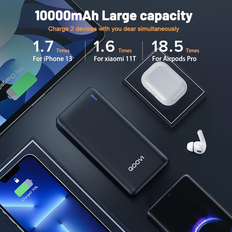 QOOVI Power Bank 10000mAh Portable Charging PowerBank 10000 mAh USB PoverBank External Battery Charger For Xiaomi Mi 11 Huawei iPhone 13 12 11
