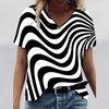 Women's V-Neck Short Sleeve Curved Lines Printed Tops Loose T-Shirt Casual Blouse