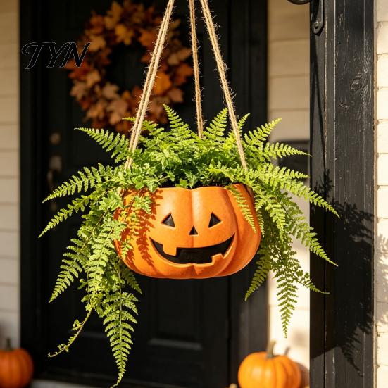 Durable Resin Planter Pumpkin Shaped Hanging Plant Pot, 4.3 Inch Lightweight Flower Adjustable Modern Aesthetic Room Accents Rope Mini Pots for Indoor