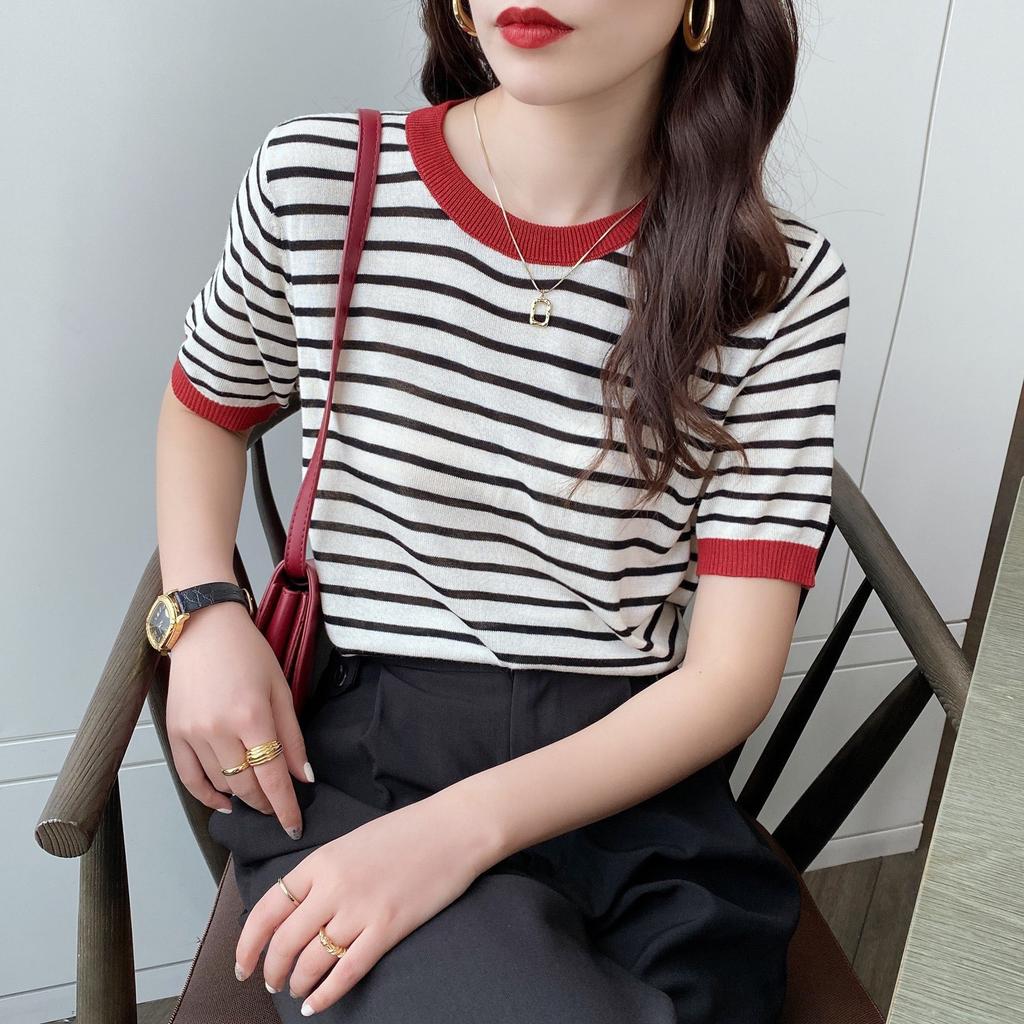 2026 Stripe Tops Women Knitted Round Collar Summer Print Short Sleeve Casual Simple Wild T-Shirt