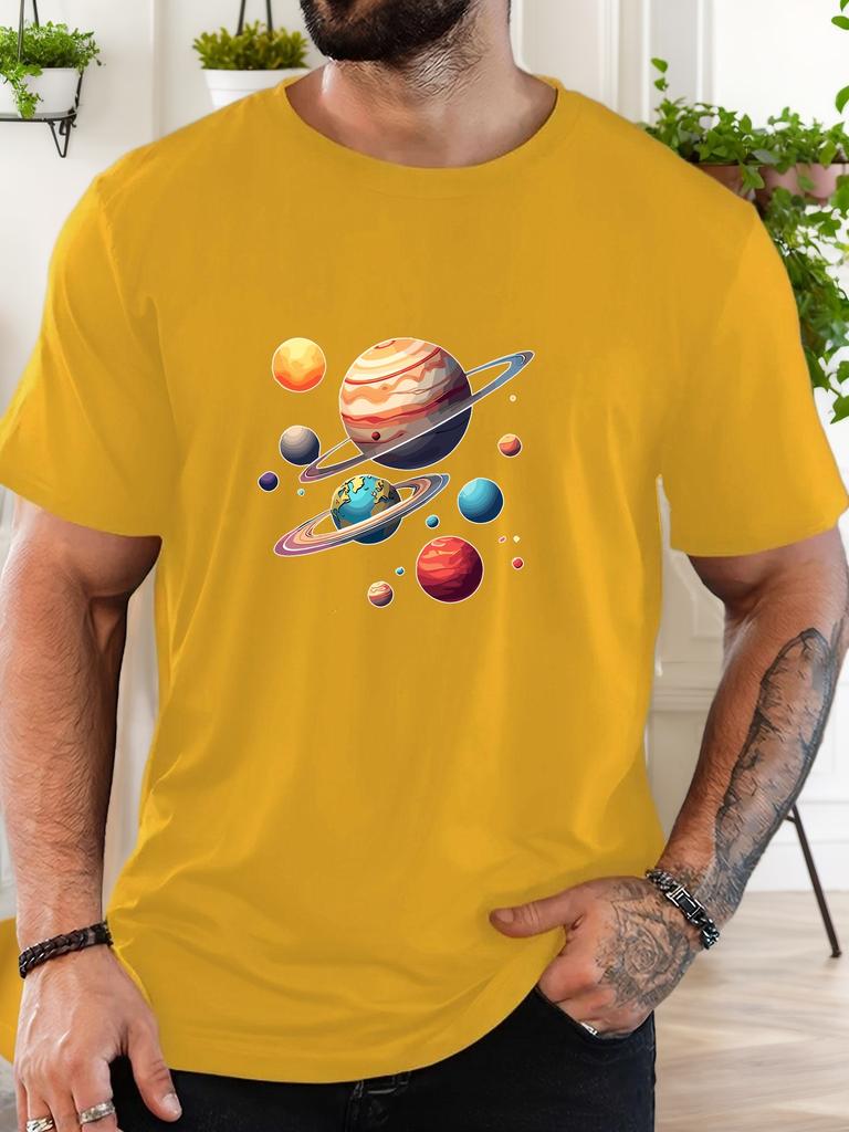 Unisex Light Heather Gray Crew Neck Tee Colorful Solar System Planet Cartoon Graphic Soft Short Sleeve Space Astronomy Loose Male