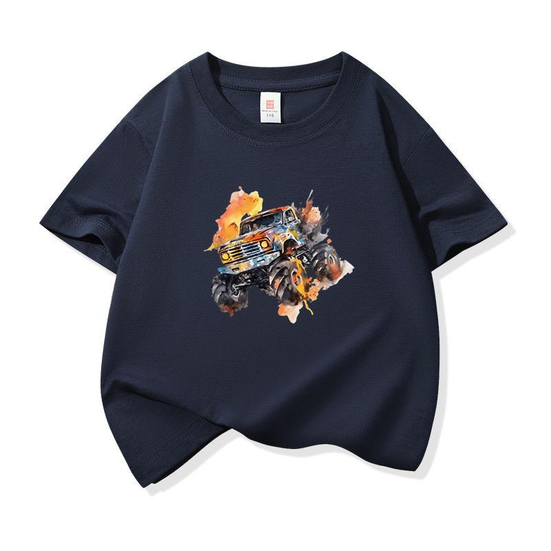 Kids Cotton T Shirt Bright Splash Offroad Vehicle Print Crew Neck Short Sleeve Tee Casual Breathable Boys Girls Summer Tops