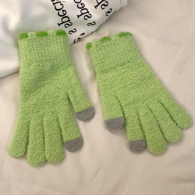Теплые перчатки для женщин, конфетного цвета, маленькие, «сахарная фасоль», из кораллового бархата, вязаные, милые, шерстяные, холодостойкие и толстые, с сенсорным экраном, для осени и зимы