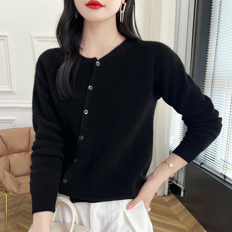 Autumn/Winter Wool Round Neck Asymmetrical Button Cardigan - Women's Loose Solid Color Cashmere Knitwear